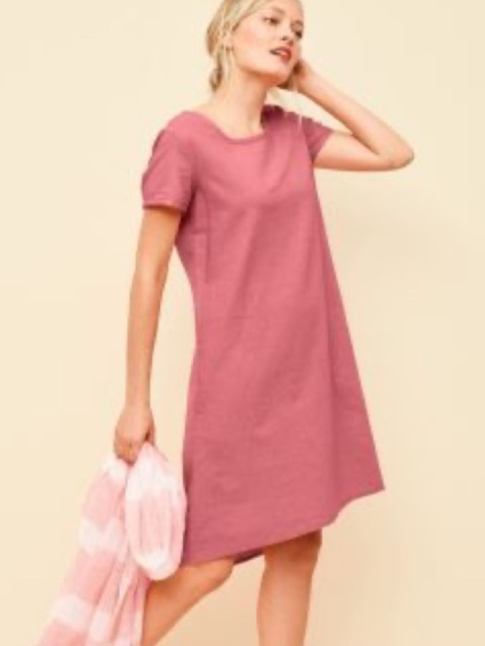Garnet Hill Pink 100% Linen Scoop Neck High Low Short Sleeve Dress Pockets
